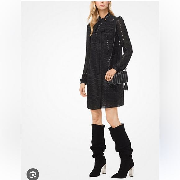 Michael Michael Kors Embellished Georgette Tie Neck Long Sleeve Shirt Dress XXS - Picture 1 of 13